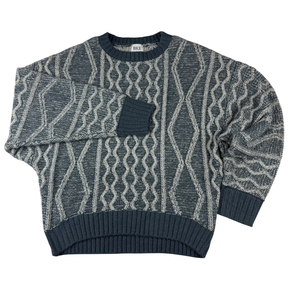 BKE Grandpa Sweater Womens M Blue Grey Cable Knit Geometric Crewneck Pullover
